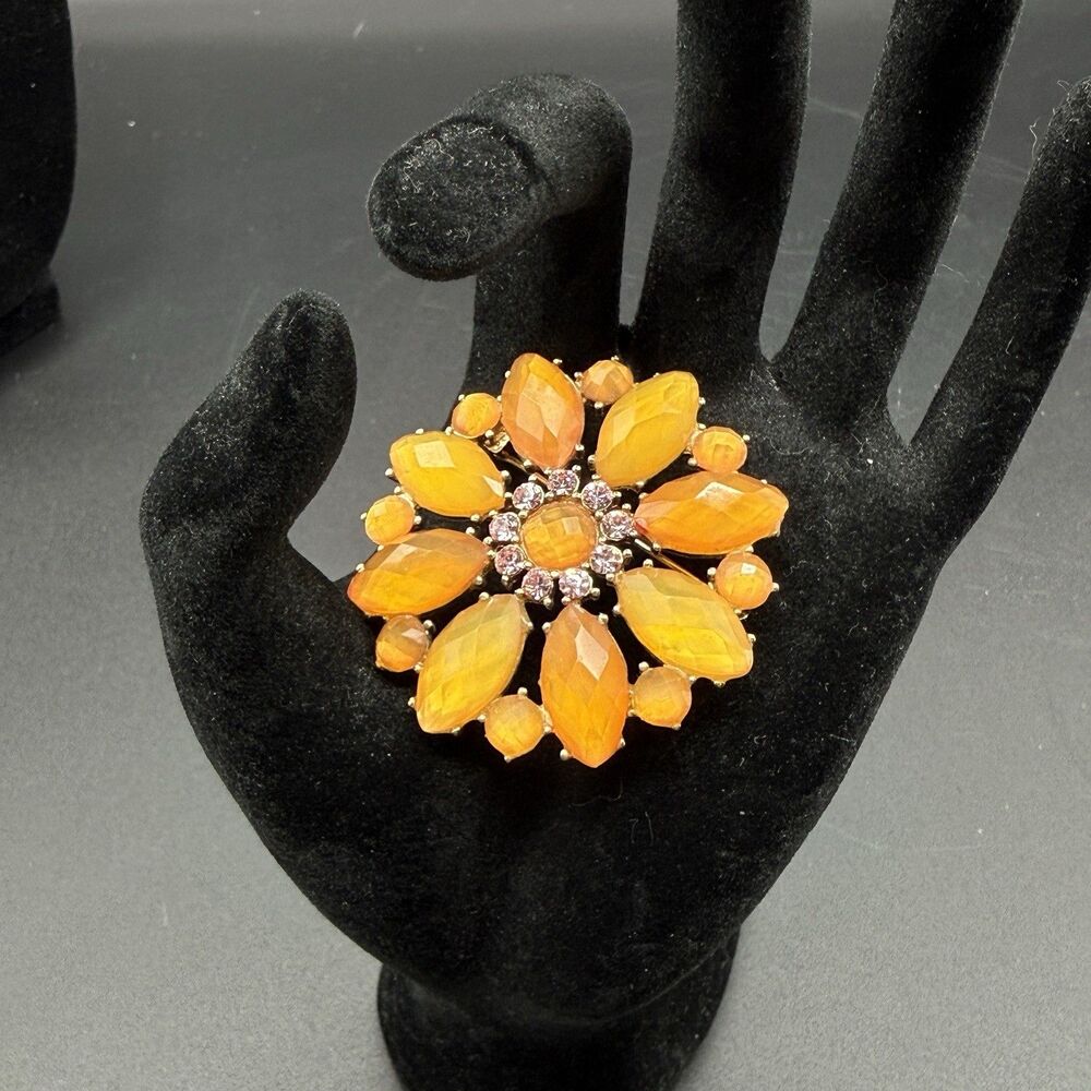 Vintage Liz Claiborne Floral Brooch Orange & Pink Rhinestones 1.75"